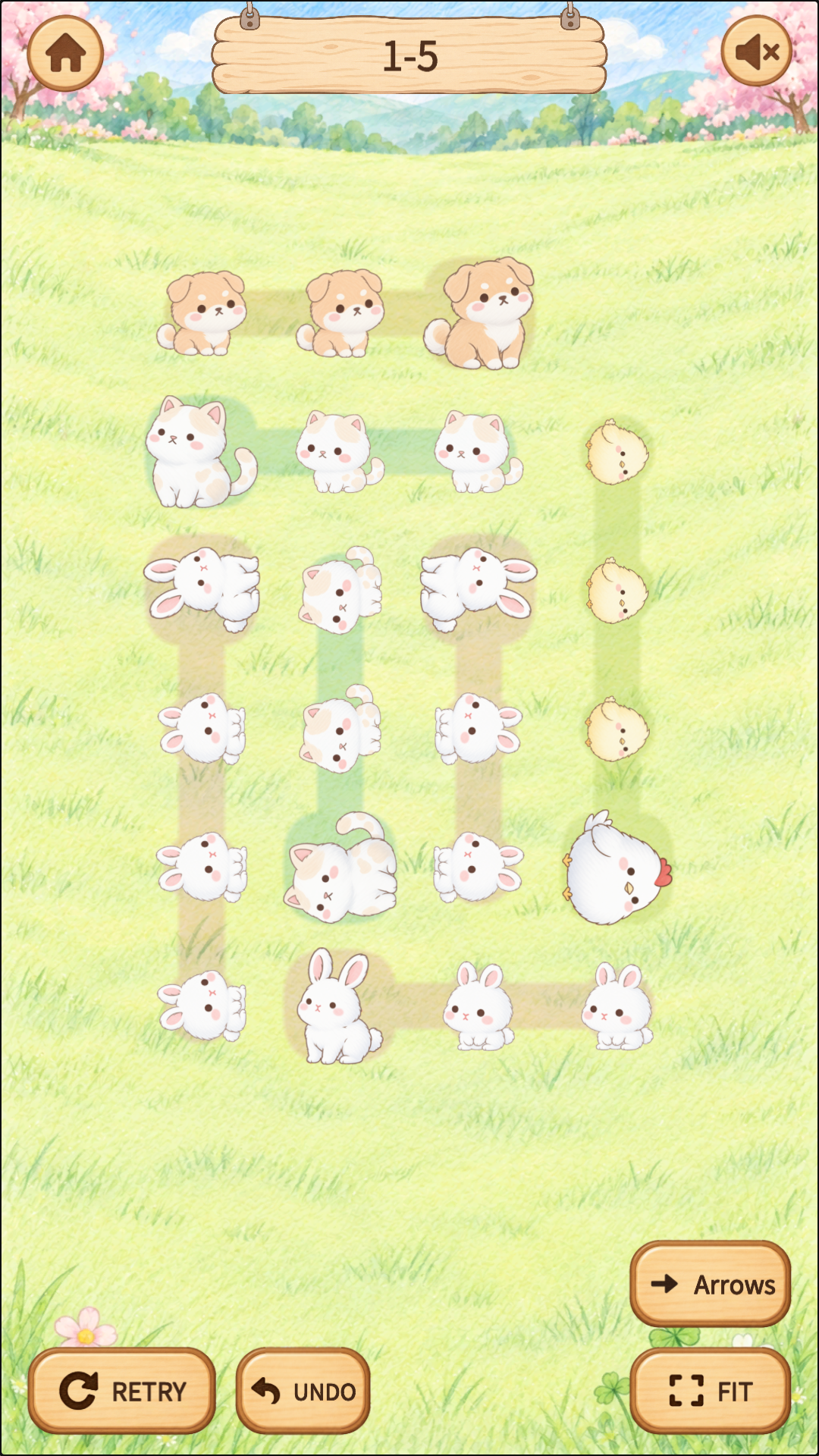 Animal families on a grassland puzzle board, with Undo and Retry controls