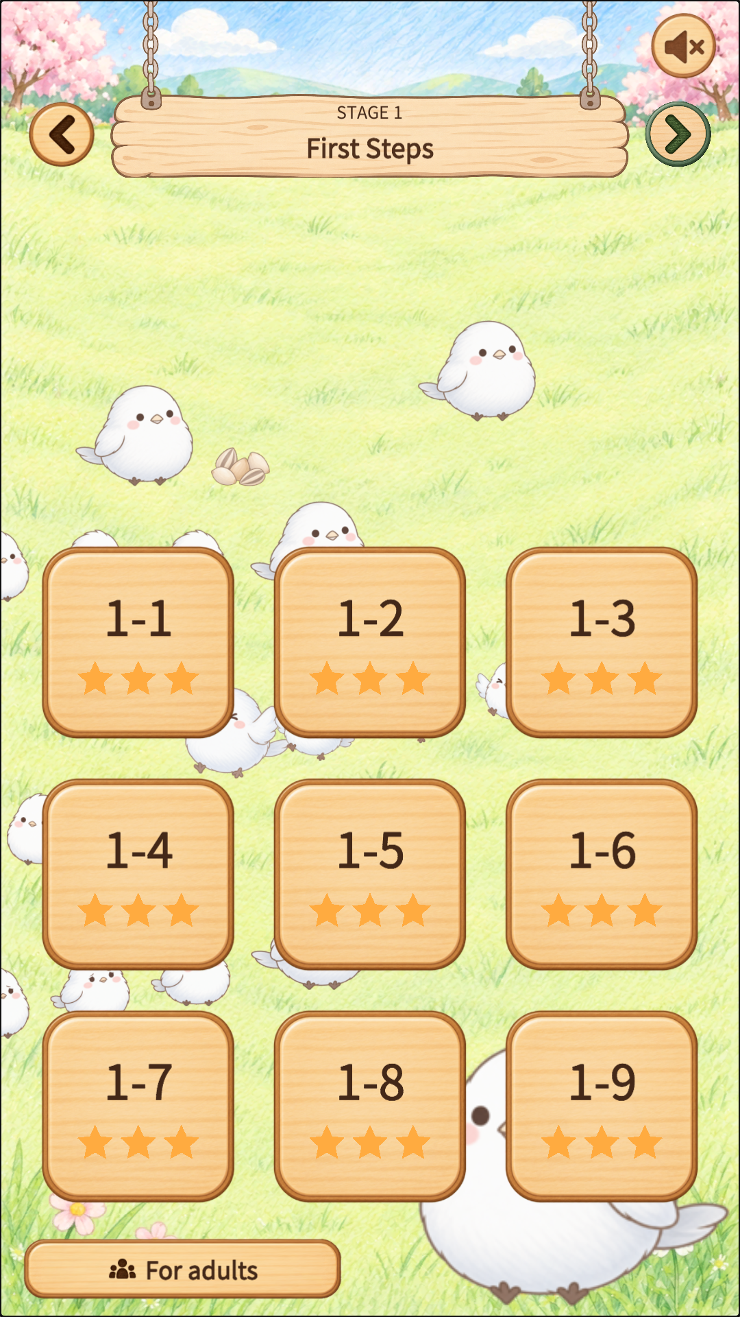 World 1, First Steps: nine stage buttons with animals gathering in the meadow